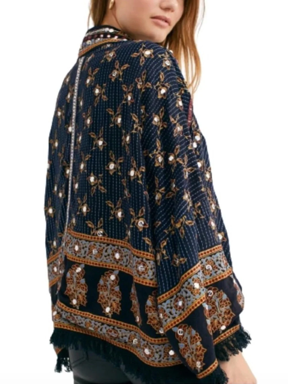 FREE PEOPLE - Ray Of Light Embellished Embroidered Black Fringe Trim Jacket - XL